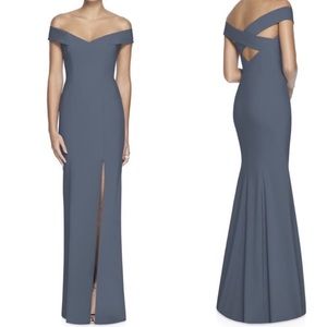 Dessy Collection Off the Shoulder Criss Cross Back Trumpet Gown 8